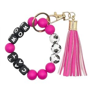 Cat Mom Pink Paw Print Beaded Wristlet Keychain | Cute Gift for Cat Lovers